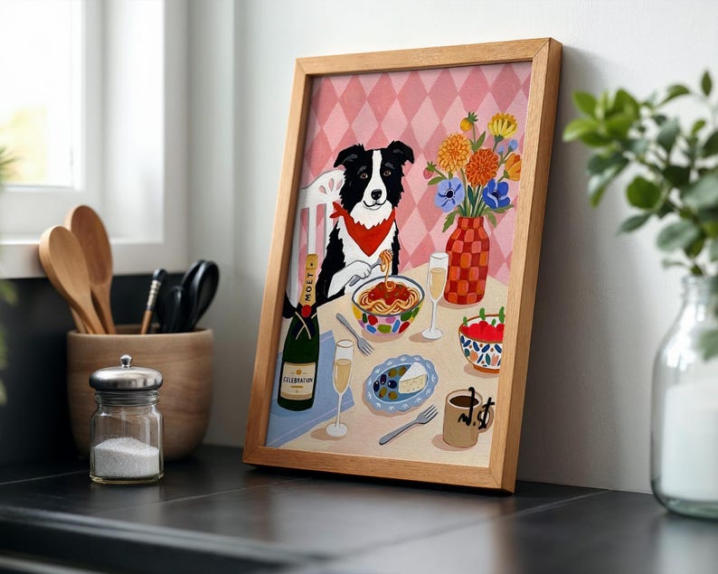 Border Collie Pasta Dinner Art Print: Whimsical Dog Illustration ...