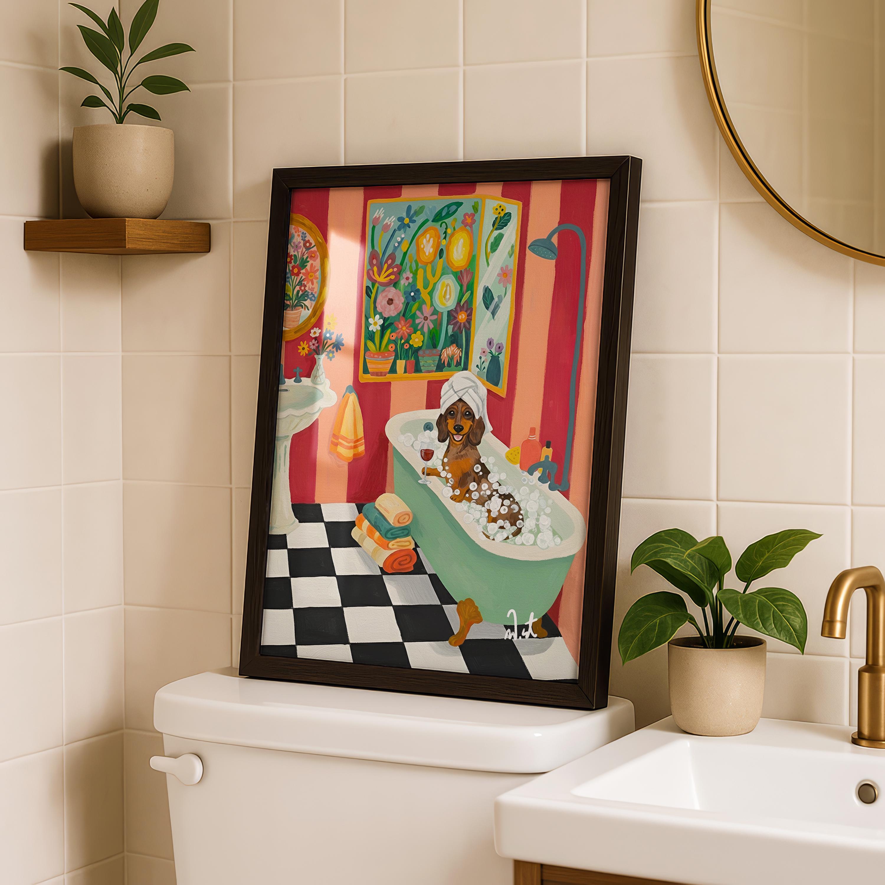 Dachshund Wine Bathroom Wall Art Whimsical Dog Bathtub Illustration ...