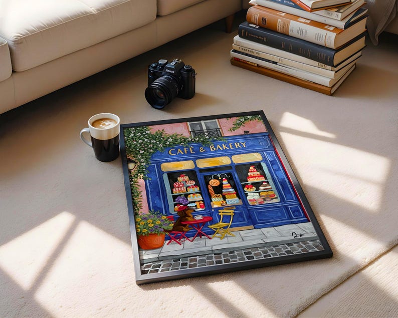Paris Cafe Art Print: Blue Storefront, Dog & Pastries image 6