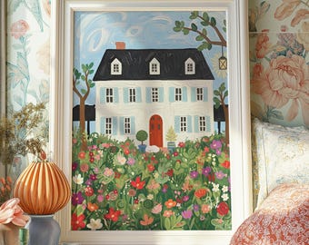 Whimsical Cottage Garden Art Print, Storybook House Illustration