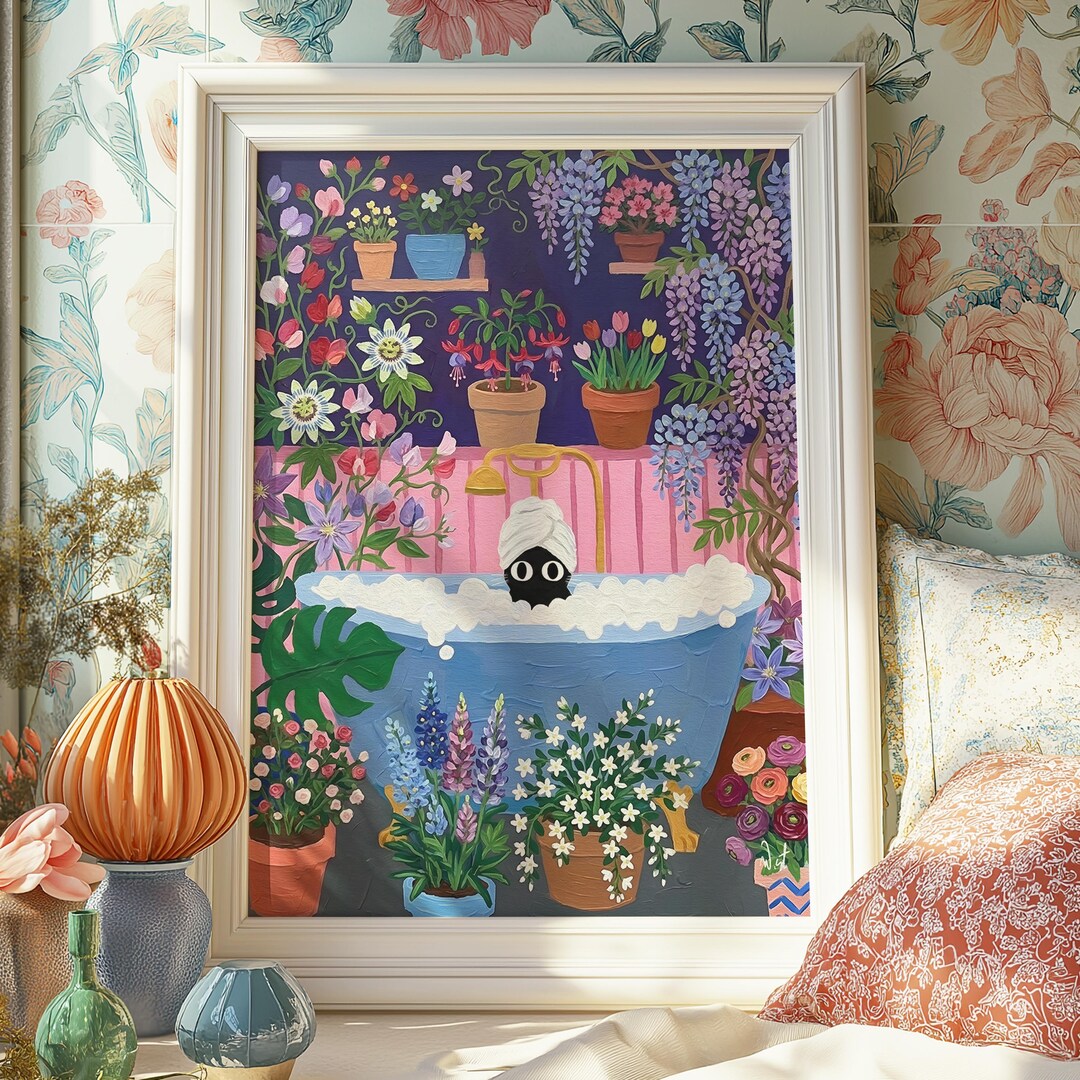 Black Cat Bubble Bath Art Print: Whimsical Botanical Floral ...
