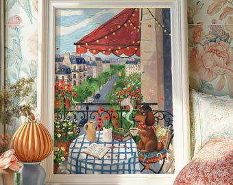 Whimsical Paris Dog Art Print Cozy Balcony Cafe Illustration Dog Lover Wall Decor