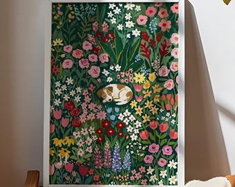 Jack Russell Terrier Sleeping in Flower Bed Art Print, Whimsical Puppy Illustration