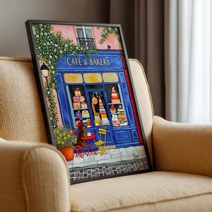 Paris Cafe Art Print: Blue Storefront, Dog & Pastries image 15