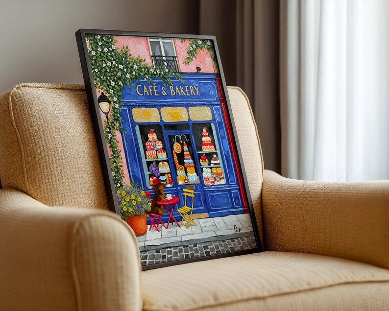 Paris Cafe Art Print: Blue Storefront, Dog & Pastries image 15