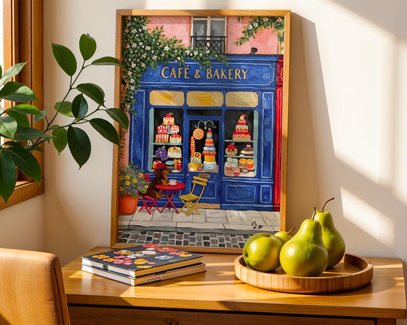 Paris Cafe Art Print: Blue Storefront, Dog & Pastries image 10