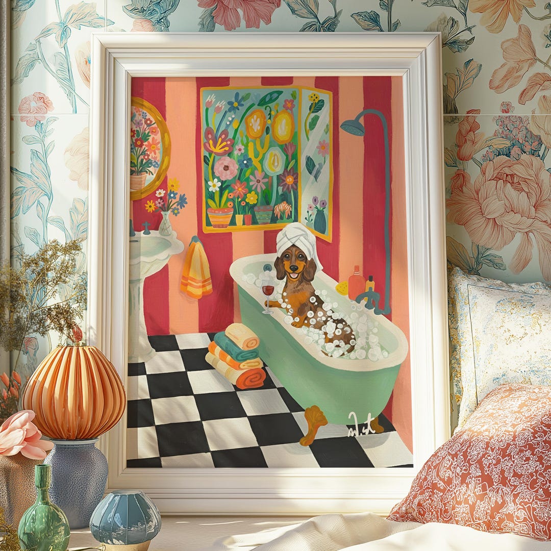 Dachshund Wine Bathroom Wall Art Whimsical Dog Bathtub Illustration ...