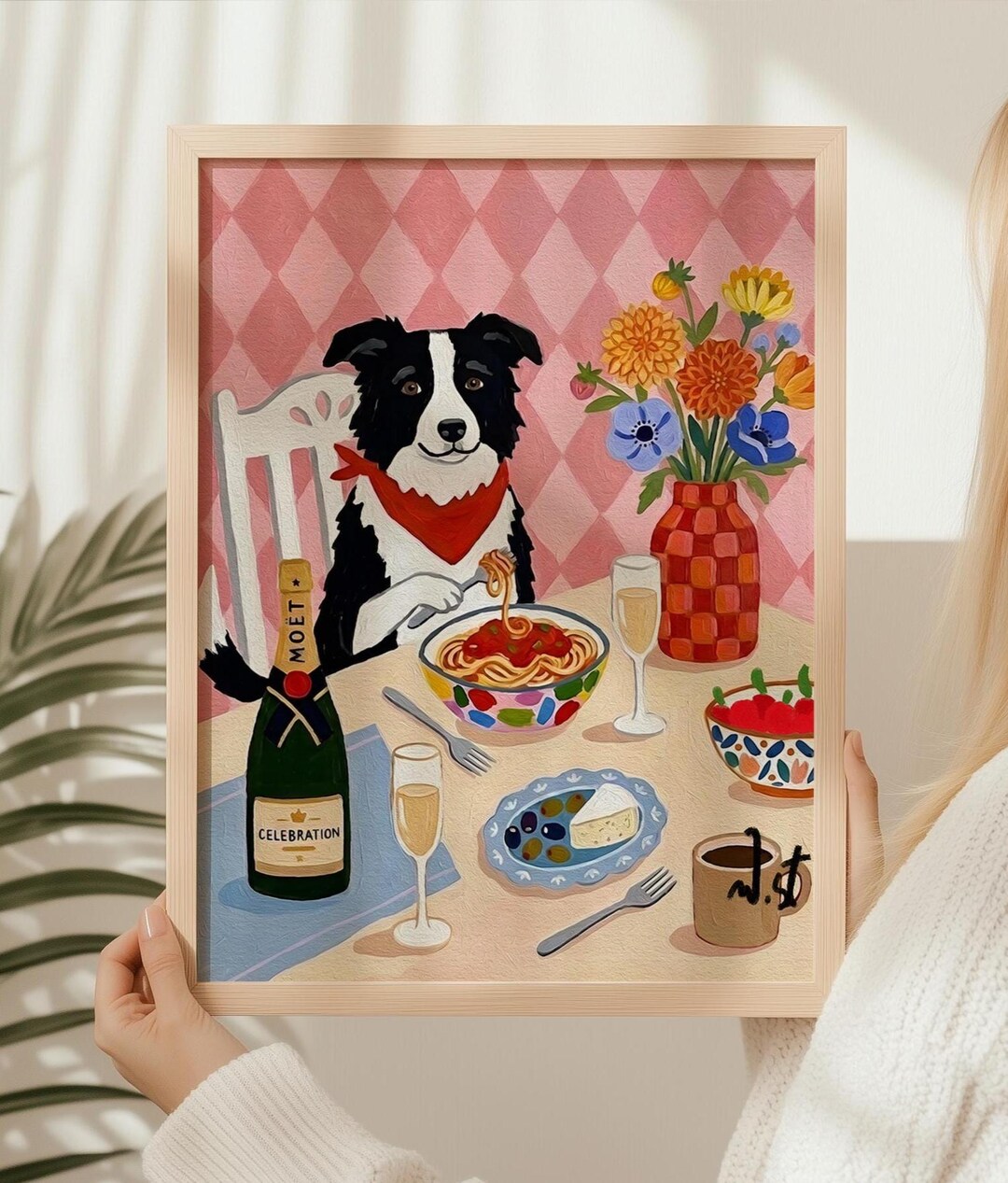 Border Collie Pasta Dinner Art Print: Whimsical Dog Illustration ...
