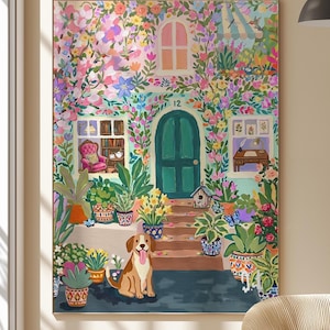 May include: A colorful painting of a house facade covered in flowers. A brown and white dog sits on the steps. The door has the number 12 above it. Windows show a cozy interior with a chair and desk. Potted plants and a birdhouse are also visible.