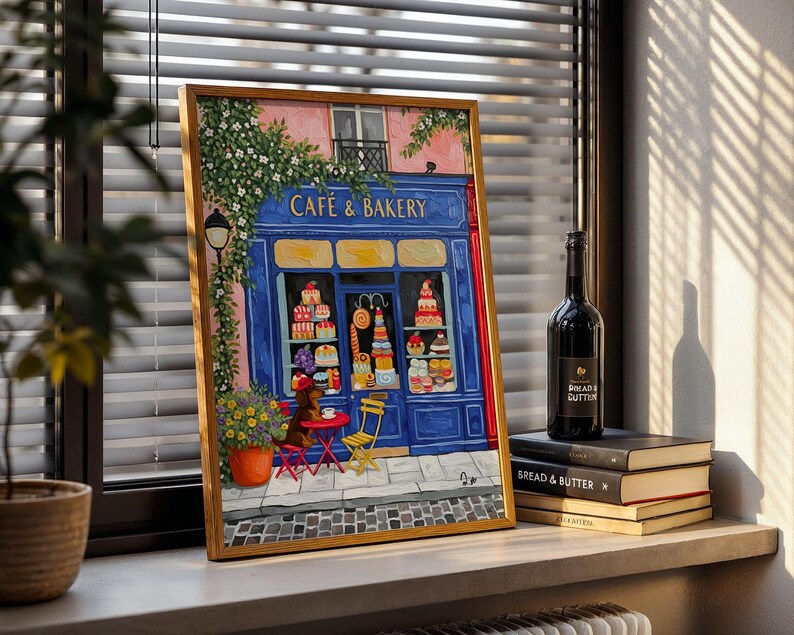 Paris Cafe Art Print: Blue Storefront, Dog & Pastries image 13