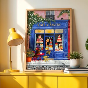 Paris Cafe Art Print: Blue Storefront, Dog & Pastries image 9