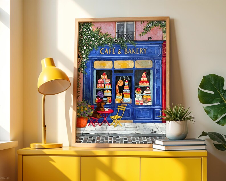Paris Cafe Art Print: Blue Storefront, Dog & Pastries image 9