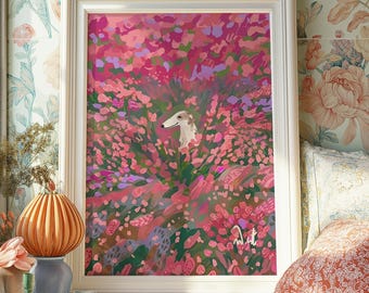 Borzoi Pink Floral Meadow Art Print – Maximalist Dog Lover Wall Art