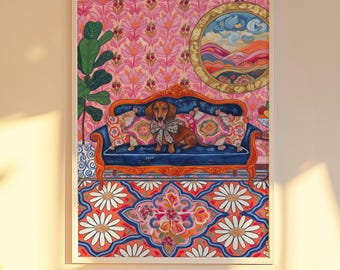 Whimsical Dachshund Art Print: Colorful Sofa, Playful Pet Illustration