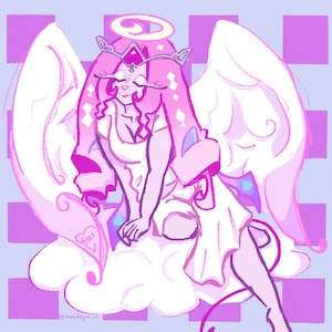 May include: Digital illustration of a pink-haired angel with a halo and wings, seated on a cloud. The angel wears a white dress and has a devil's tail. The background is a checkered pattern in shades of purple and blue.