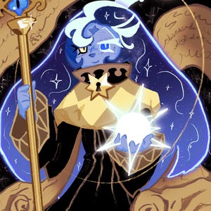 May include: Digital art illustration of a blue character with a crown, holding a glowing orb and a staff. The character wears a gold and black outfit, with a starry night sky design. The background is dark with celestial elements.