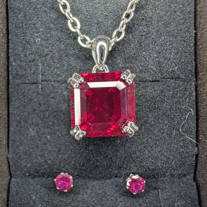 Lab Ruby Pendant Necklace, Sterling Silver, Asscher Cut + Stud Earrings