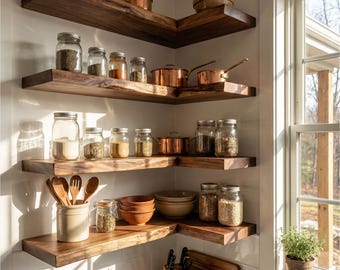 Estantes de pared de cocina de madera maciza rústica, organizador de almacenamiento flotante para frascos de especias, utensilios, exhibición de despensa, decoración de cocina de madera de granja