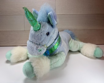 Vintage Animal Alley Unicorn Plush Pastel Teal White Sparkly