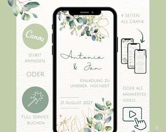 Digitale Hochzeitseinladung - Boho Eukalyptus Gold Grün - DIY Einladung für Hochzeit - Personalisierbar über Canva - Versenden per Whatsapp