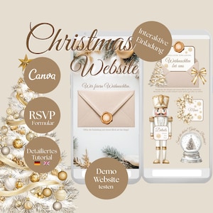 Könnte beinhalten: Eine digitale Weihnachts-Website-Vorlage auf zwei mobilen Bildschirmen in Beige mit einer Nussknacker-Illustration, einer Schneekugel und einem Umschlag mit Wachssiegel. Der Text umfasst Christmas Website, Interaktive Einladung, Canva, RSVP Formular, Detailliertes Tutorial und Demo Website testen.