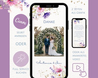Tarjeta de agradecimiento digital para bodas con foto - Plantilla personalizable de Canva - Flores silvestres doradas - Tarjeta de agradecimiento para WhatsApp