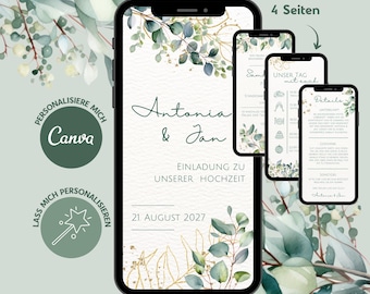 Könnte beinhalten: Eine digitale Hochzeitseinladungsvorlage auf vier Smartphone-Bildschirmen mit Aquarell-Eukalyptusblättern und goldenen Linien. Der Text lautet Antonia & Jan, Einladung zu unserer Hochzeit und 21. August 2027, mit weiteren Details auf den anderen Bildschirmen.
