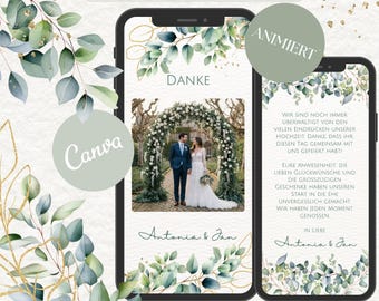 Digitale bedankkaart voor een bruiloft met foto - Aanpasbare Canva-sjabloon - Eucalyptusgroen en goud - Bedankkaart voor WhatsApp eCard