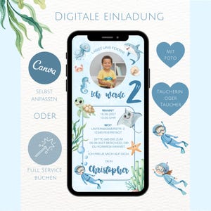 Digitale Einladung Meerestiere Geburtstag mit Foto -  Unterwasserwelt blau - DIY Canva Vorlage  - Geburtstagseinladung - WhatsApp Smartphone