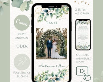Carte de remerciement de mariage numérique avec photo - Modèle Canva personnalisable - Vert eucalyptus et or - Carte de remerciement électronique WhatsApp