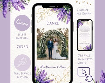 Biglietto di ringraziamento digitale per matrimonio con foto - Modello Canva personalizzabile - Lavanda, Viola, Oro - Biglietto di ringraziamento per WhatsApp eCard