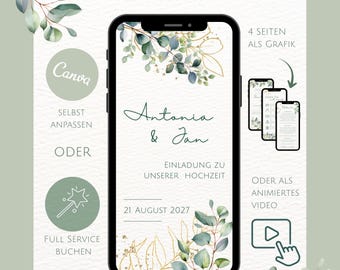 Invito di nozze digitale - Boho Eucalyptus Gold Green - Invito di nozze fai da te - Personalizzabile tramite Canva - Invia tramite WhatsApp