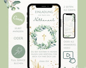 Invito digitale per Battesimo, Comunione, Cresima - Croce dorata e eucalipto - Modello Canva personalizzabile - Biglietto d'invito per WhatsApp
