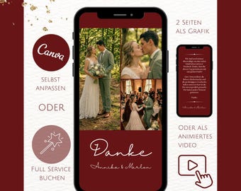 Biglietto di ringraziamento digitale per matrimonio con foto - Modello Canva personalizzabile, biglietto di ringraziamento per WhatsApp eCard - Rosso Bordeaux