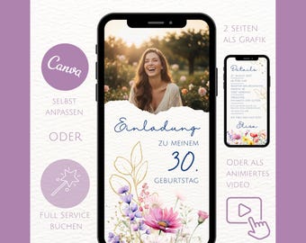 Digitale Einladung Geburtstag Wildblumen mit Foto - Geburtstagseinladung für Frauen - Personalisierbare Canva Vorlage - WhatsApp Einladung