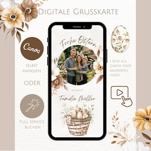 Peut inclure: Carte de vœux numérique de Pâques avec une photo de famille et des éléments floraux. La carte affiche le texte "Frohe Ostern" et "Familie Müller", avec des options de personnalisation ou de service complet.