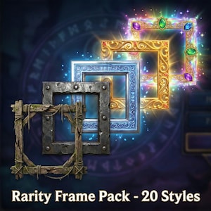 Puede incluir: Una variedad de marcos cuadrados en varios estilos. Los marcos incluyen un marco de madera desgastada, un marco de metal remachado, un marco azul con runas, un marco dorado con filigrana y un marco con joyas con gemas coloridas. El texto dice "Rarity Frame Pack - 20 Styles."