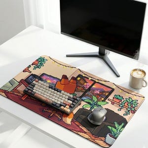 Cozy Pixel Art Fox Desk Mat - Japanese Sunset Lo-fi Gaming Setup - Aesthetic Mousepad - Desk Pad for  Game Lovers - Cute Fox Desk Accessory