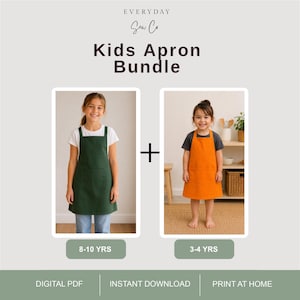May include: Everyday Sew Co Kids Apron Bundle. A dark green apron for 8-10 years and a bright orange apron for 3-4 years. Both aprons feature a front pocket and neck straps. The text reads Digital PDF, Instant Download, and Print at Home.