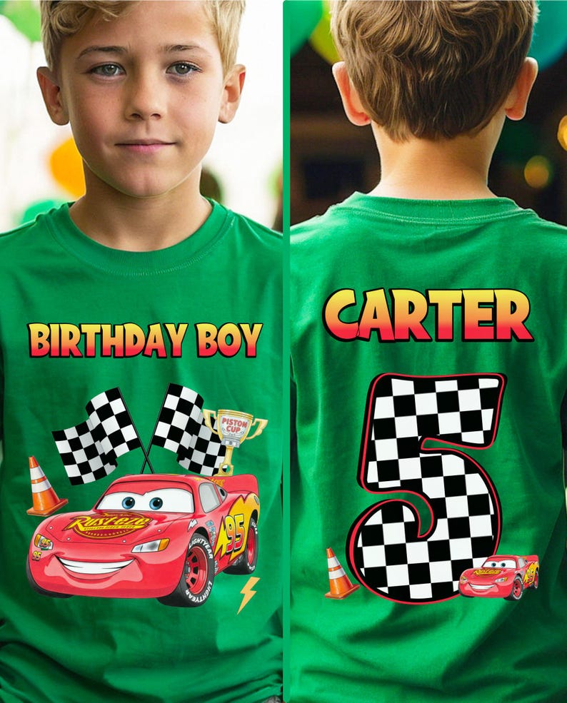 May include: Green t-shirt with the text "BIRTHDAY BOY" and a graphic of the character Lightning McQueen from the movie Cars. The shirt also features checkered flags, a trophy, and the number 95. The back of the shirt says "CARTER" and the number 5.