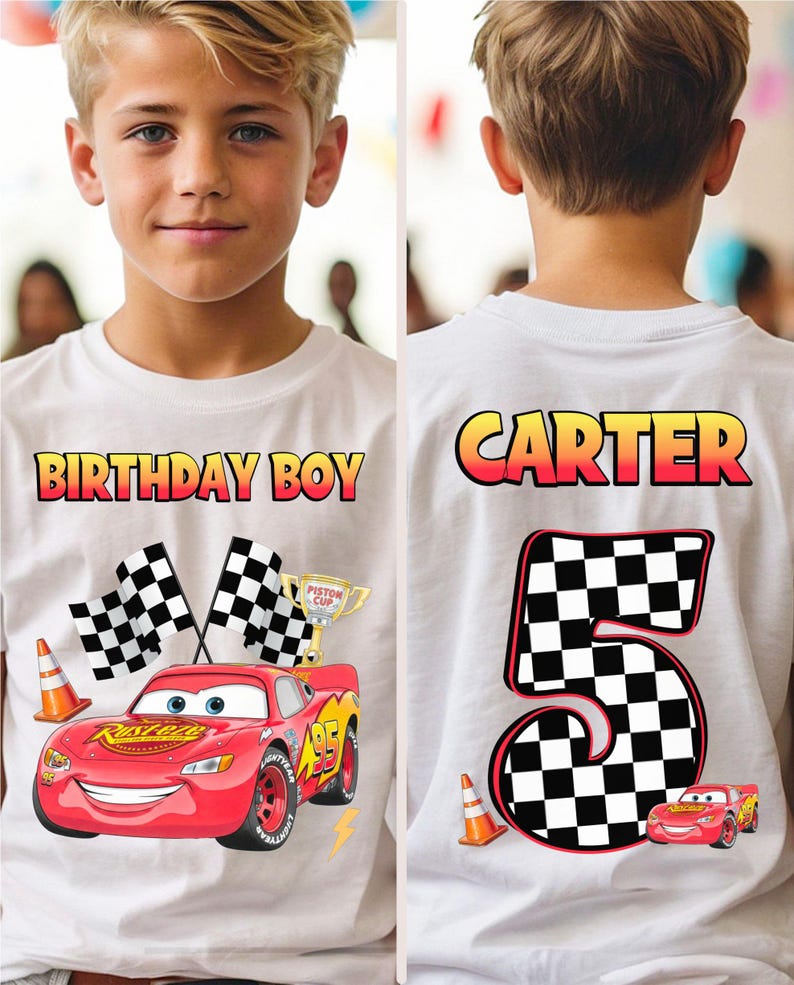 May include: White t-shirt with a colorful graphic of the character Lightning McQueen from the movie Cars, the text "BIRTHDAY BOY", checkered flags, and a trophy. The back of the shirt has the name "CARTER" and a large number "5" with a checkered pattern.