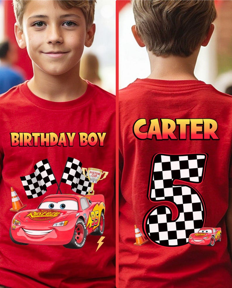 May include: Red t-shirt featuring a graphic of Lightning McQueen from the movie Cars, with the text "BIRTHDAY BOY" on the front. The back of the shirt displays the name "CARTER" and the number "5" in a checkered pattern, with a small Lightning McQueen graphic.