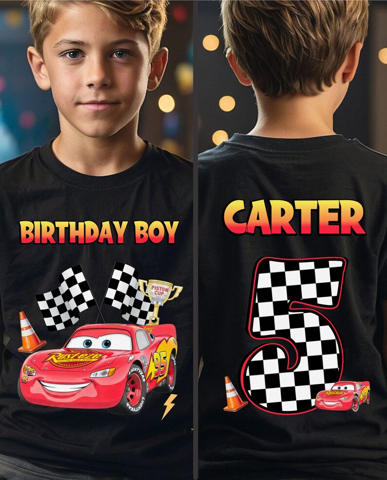 May include: Black t-shirt with a red race car graphic, checkered flags, and the text "BIRTHDAY BOY." The back of the shirt features the name "CARTER" and a large number "5" with a checkered pattern.