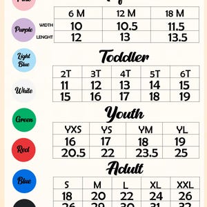 May include: A size chart for infant, toddler, youth, and adult clothing. The chart includes measurements in inches for width and length, with sizes ranging from 6 months to XXL. Colors include pink, purple, light blue, white, green, red, blue, and white.