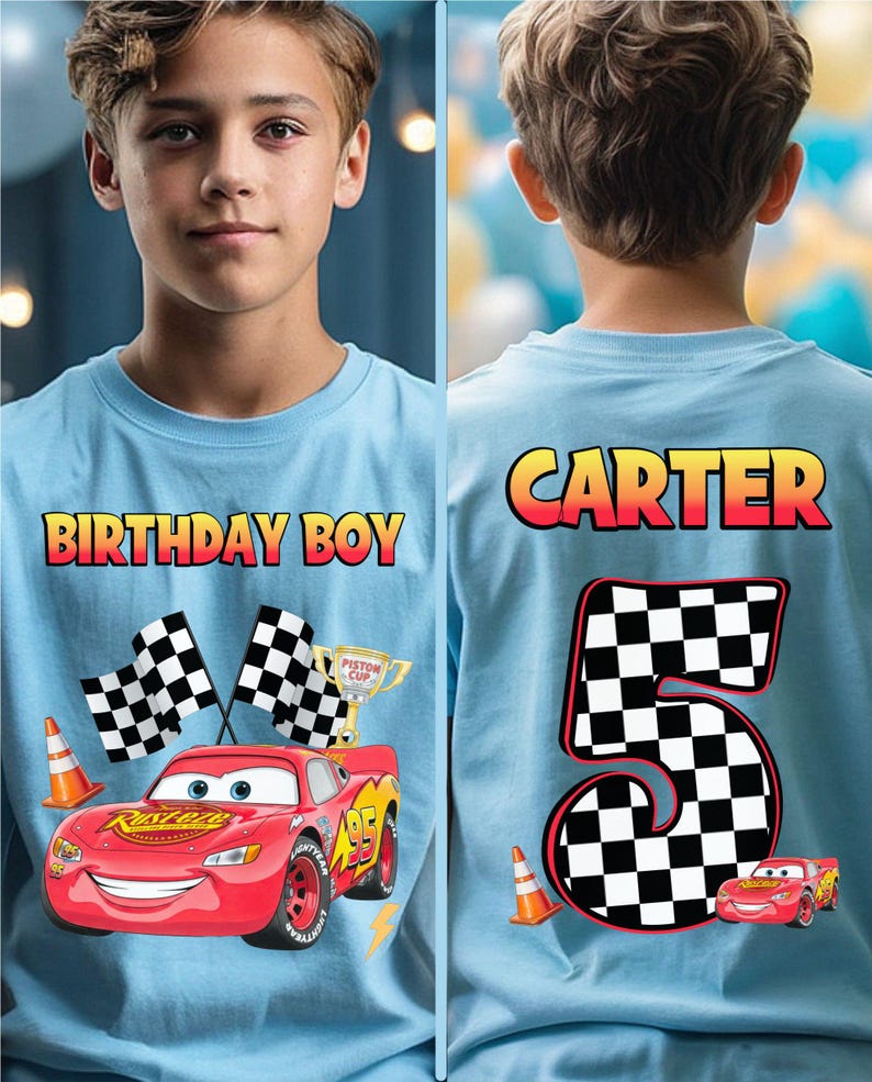 May include: Light blue t-shirt with the text "BIRTHDAY BOY" on the front and "CARTER" and the number "5" on the back. The front features a red race car graphic, checkered flags, and a trophy. The back also has a race car graphic.