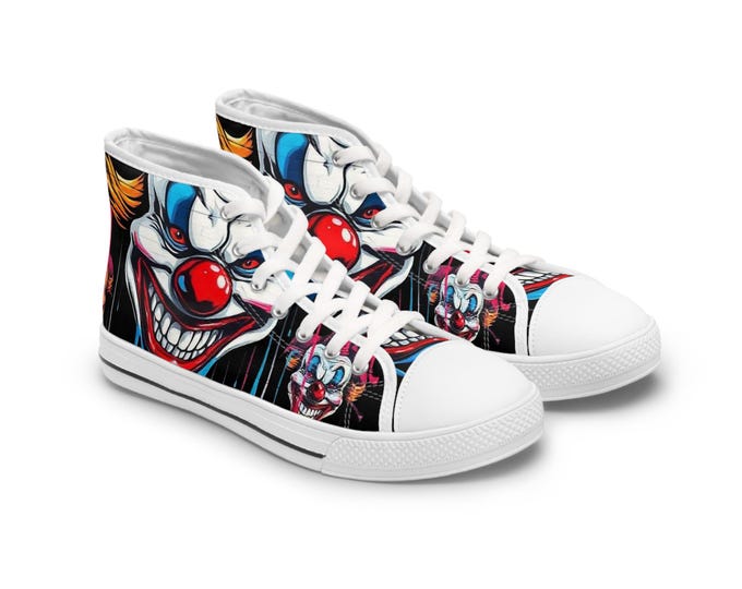 Scary Grinning Clown Women's High Top Sneakers | Horror Face, Colorful Creepy Art
