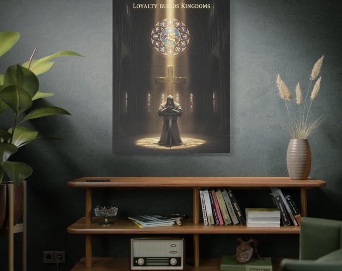 Knight Kneeling Before Cross Matte Canvas | Religious Wall Art, Stained Glass Cathedral