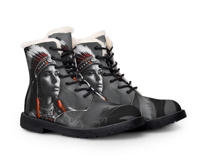 Native American Chief Portrait Boots | Fur Lined Leather Boots