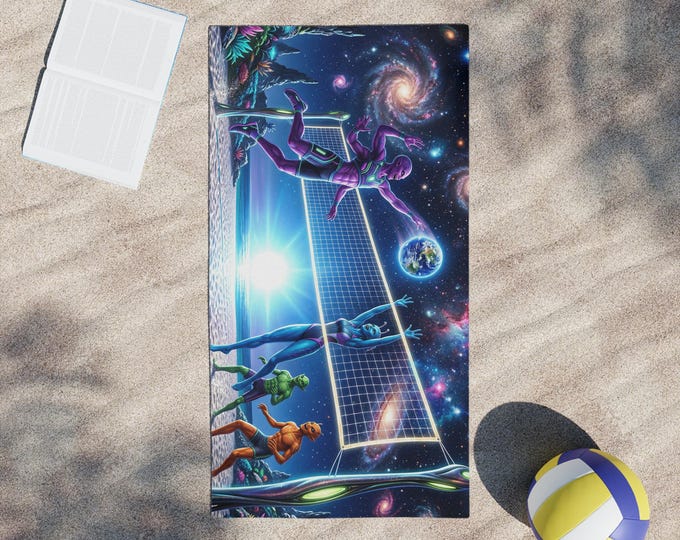 Galactic Beach Volleyball Beach Towel | Space Sunset Alien Players