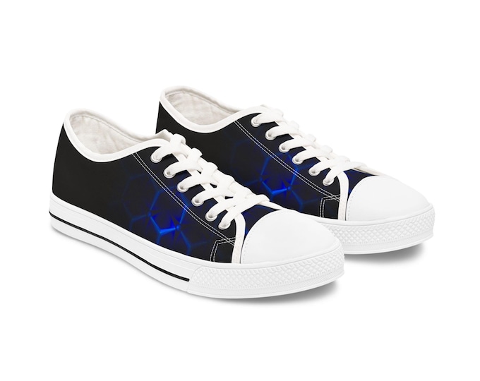 Blue Hexagon Circuit Pattern Women's Low Top Sneakers | Tech Grid Design